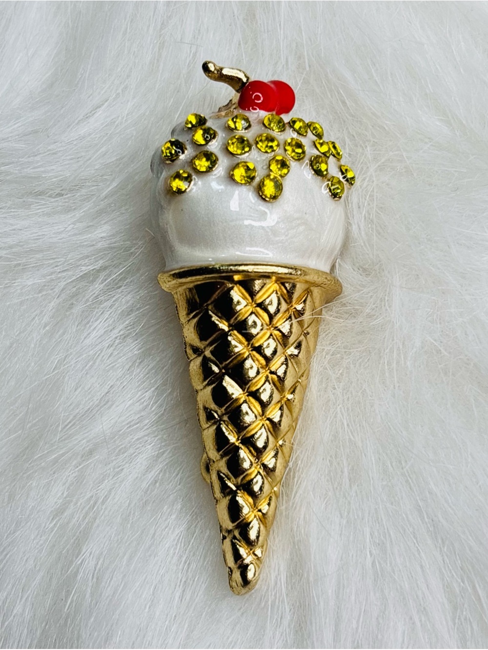 Whimsical Ice Cream Cone Brooch – Cherry Rhinestone Gold Tone